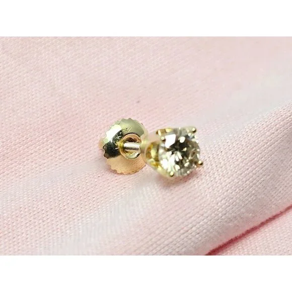 Single 14K Solid Yellow Gold Designer Round Diamond Screw Back Stud Earring